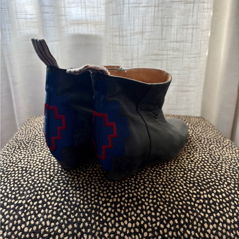 Candela Black Leather Ankle Boots with Red and Blue Embroidery